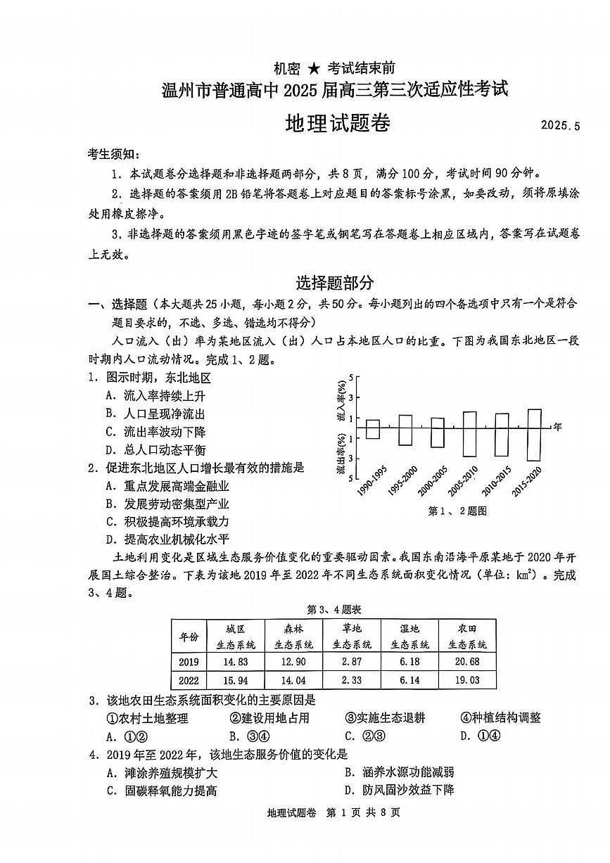 地理丨浙江省温州市2025届高三下学期5月三模（温州三模）试卷及答案第1页