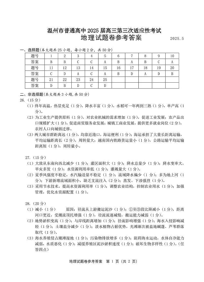 2025年5月浙江省温州市高三下学期三模地理答案第1页