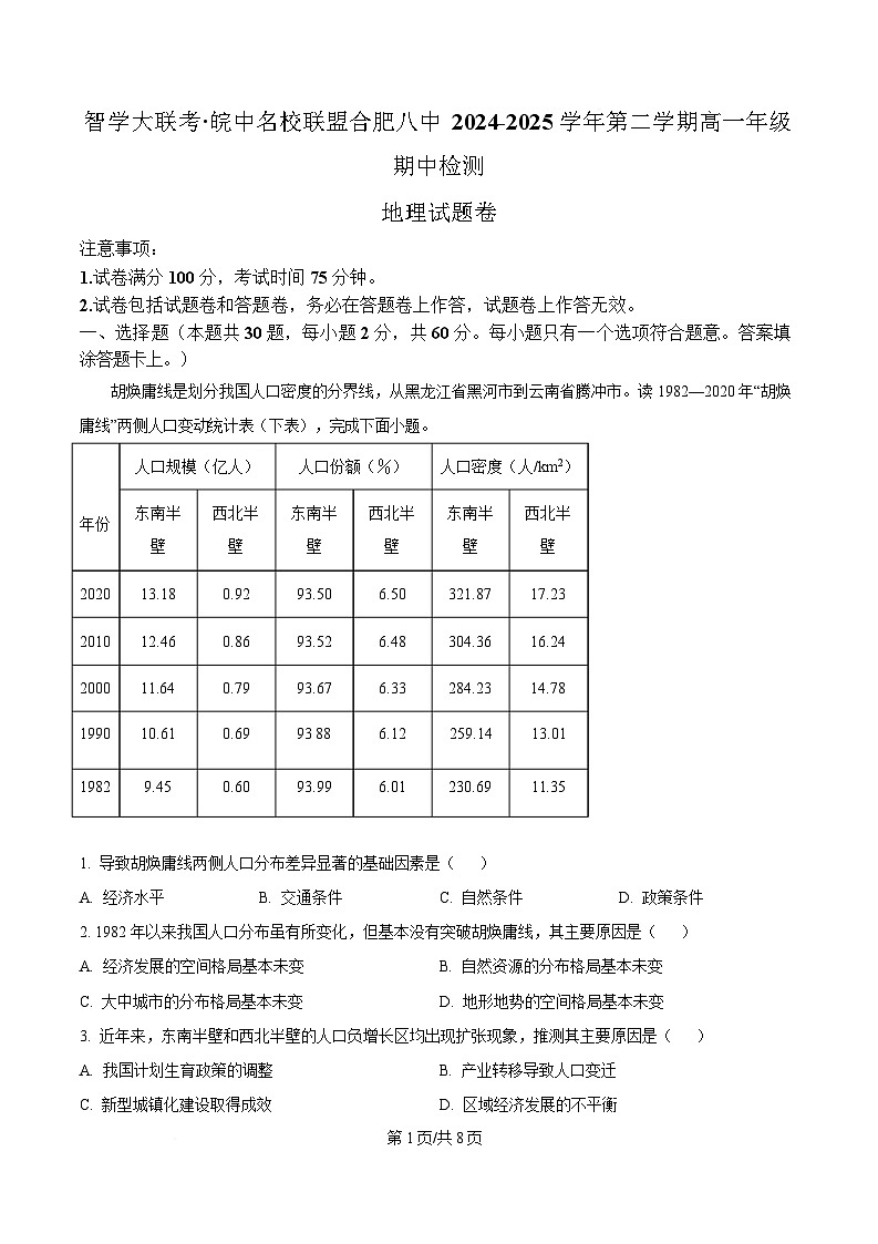 安徽省合肥市第八中学2024-2025学年高一下学期4月期中地理试题（原卷版）第1页