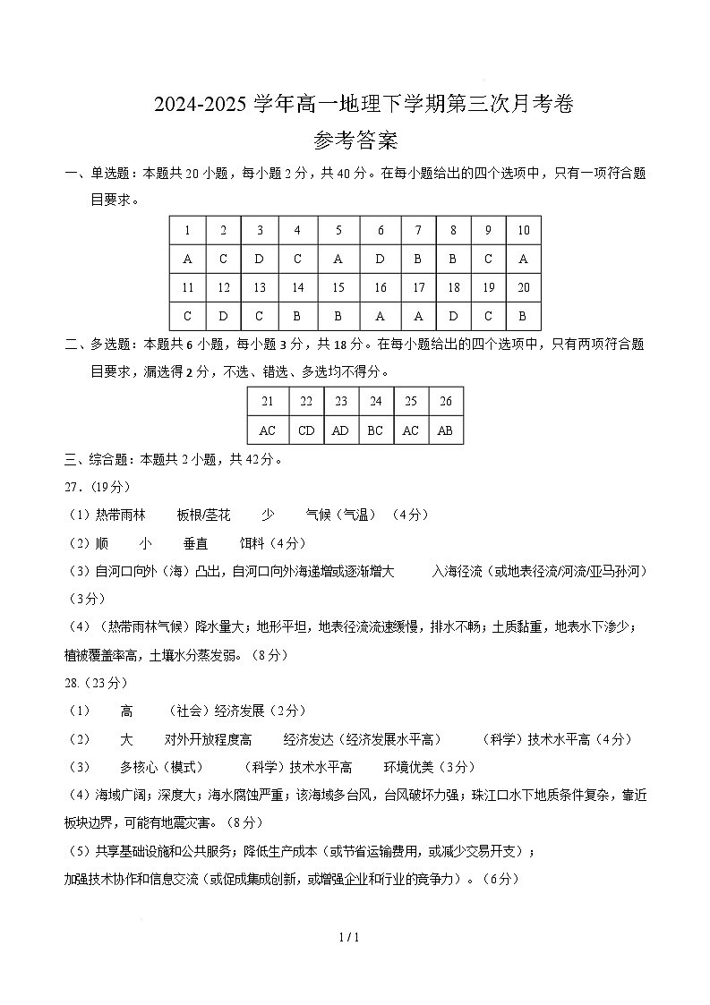 高一地理月考卷（参考答案）第1页