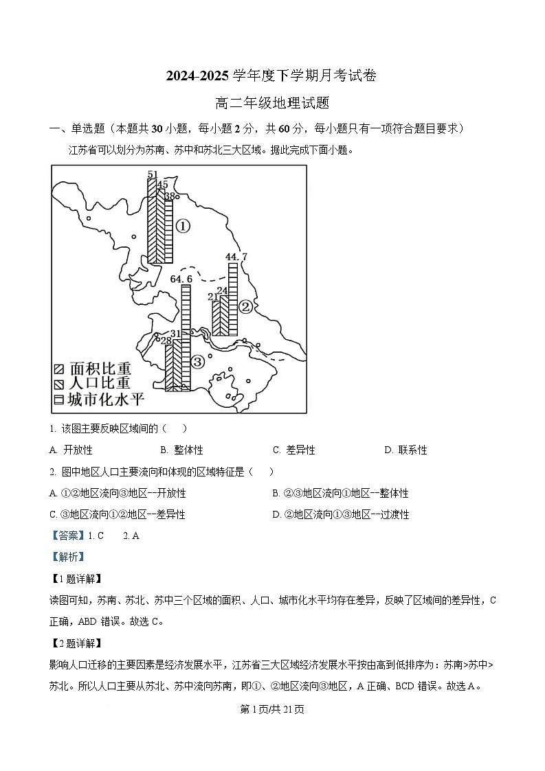 黑龙江省大庆市大庆中学2024-2025学年高二下学期4月月考地理试题 Word版含解析第1页