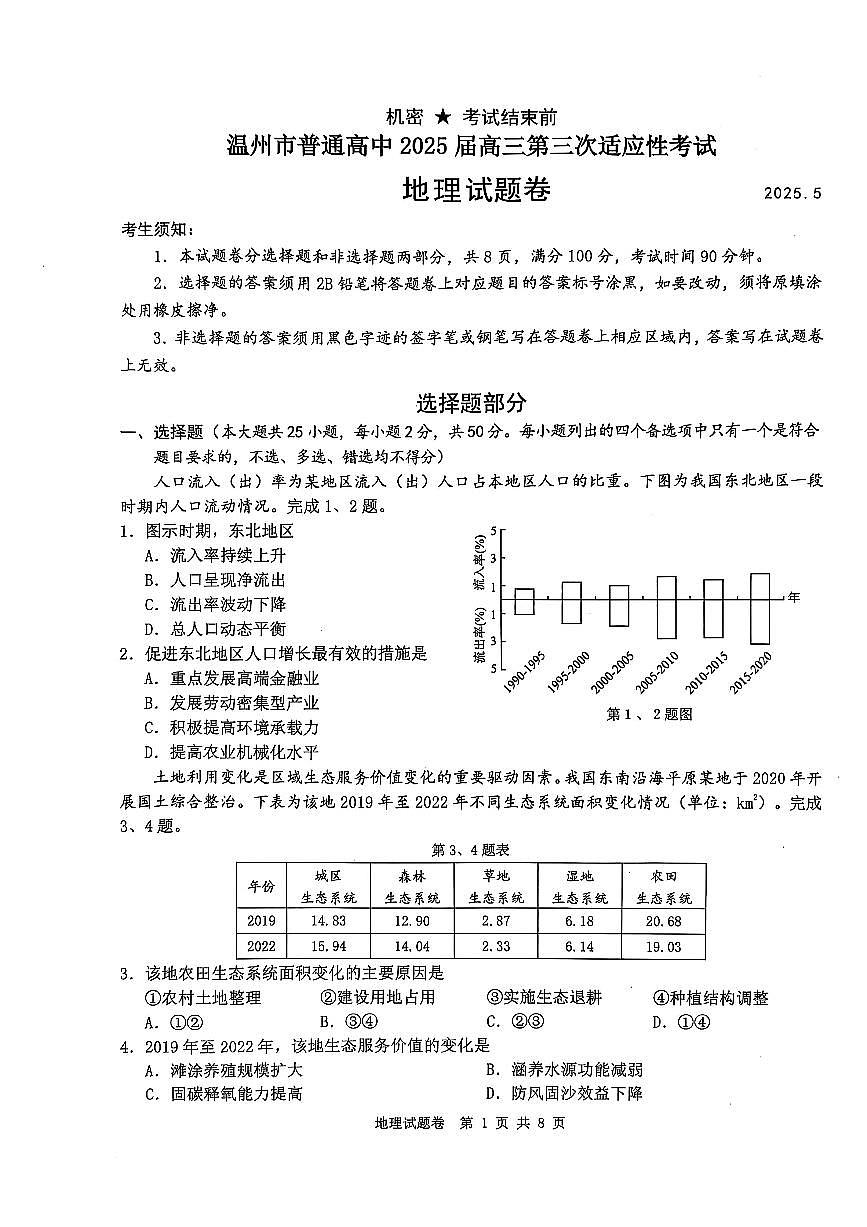 浙江省温州市2025届高三高考模拟第三次模拟-地理试题+答案第1页