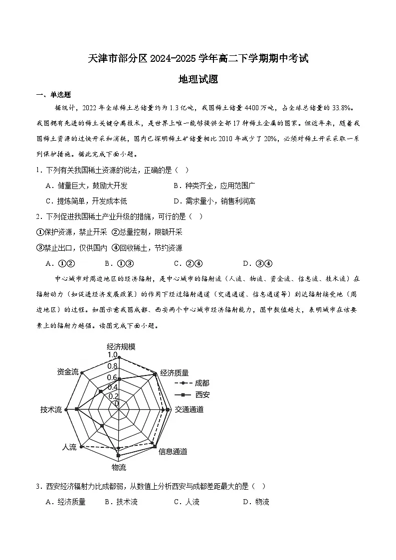 天津市部分区2024-2025学年高二下学期期中练习地理试卷（Word版附答案）第1页