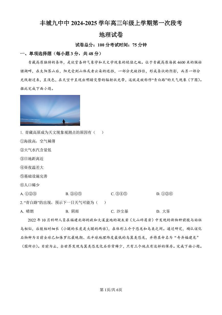 江西省宜春市丰城市第九中学2024-2025学年高三上学期第一次段考地理试卷（含答案）第1页