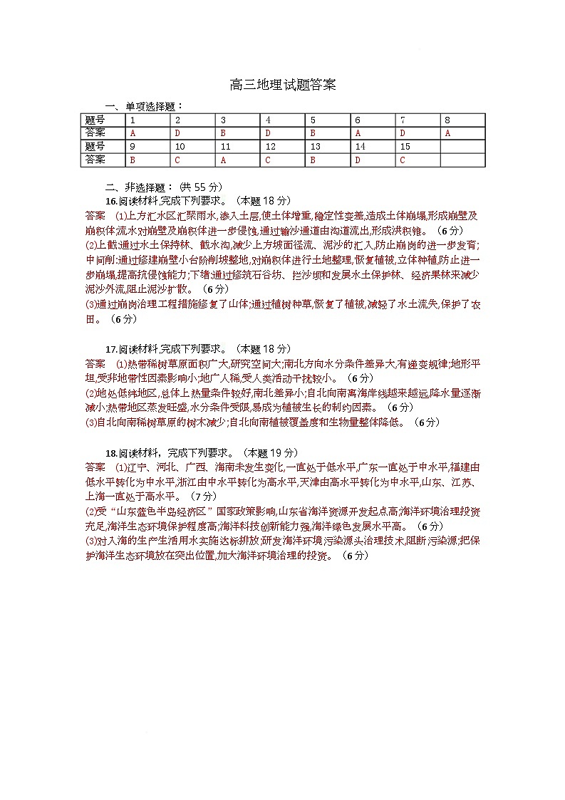高三地理试题答案第1页