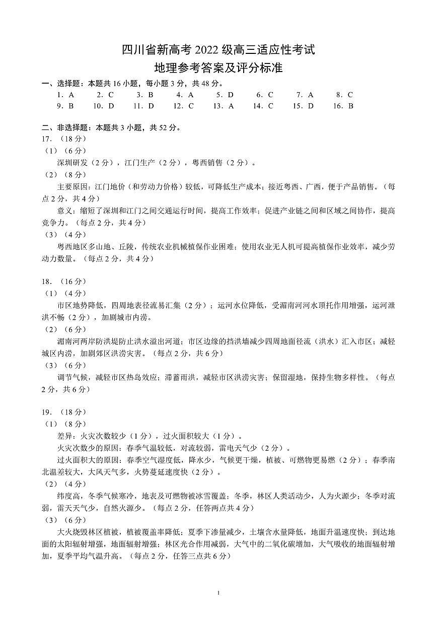 四川省（蓉城名校联盟）新高考2022级高三适应性考试地理答案第1页