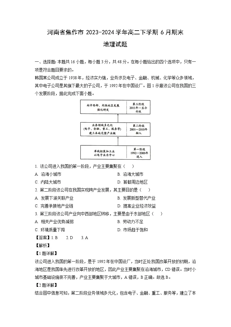 河南省焦作市2023-2024学年高二下学期6月期末地理试题（解析版）第1页