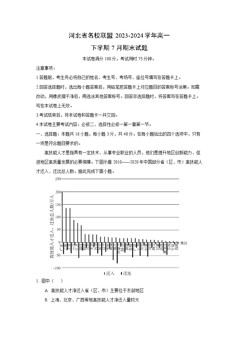 河北省名校联盟2023-2024学年高一下学期7月期末地理试题（解析版）第1页