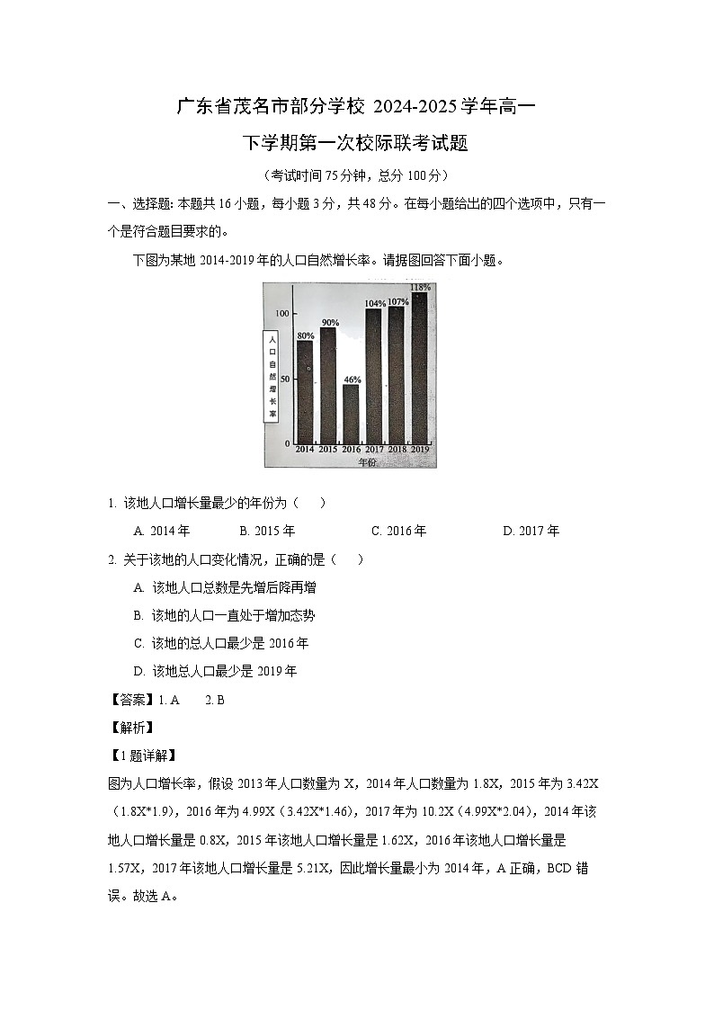 广东省茂名市部分学校2024-2025学年高一下学期第一次校际联考地理试题（解析版）第1页