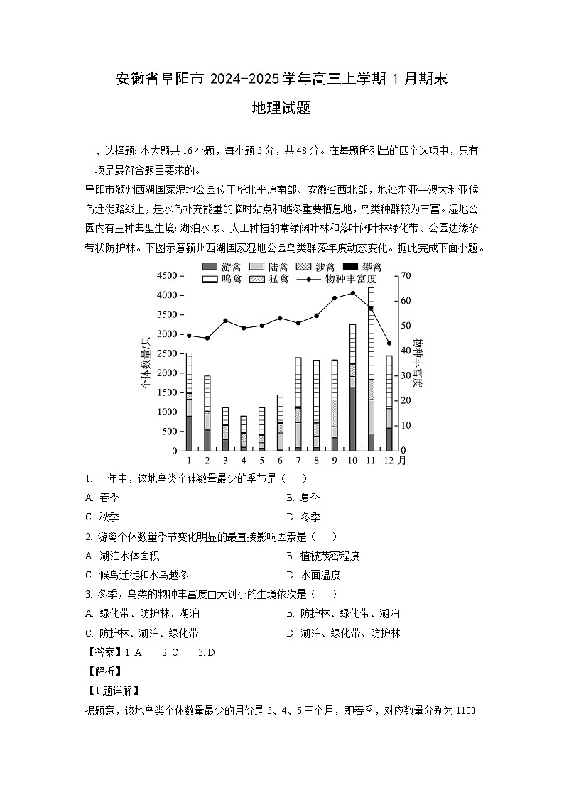 安徽省阜阳市2024-2025学年高三上学期1月期末地理试题（解析版）第1页