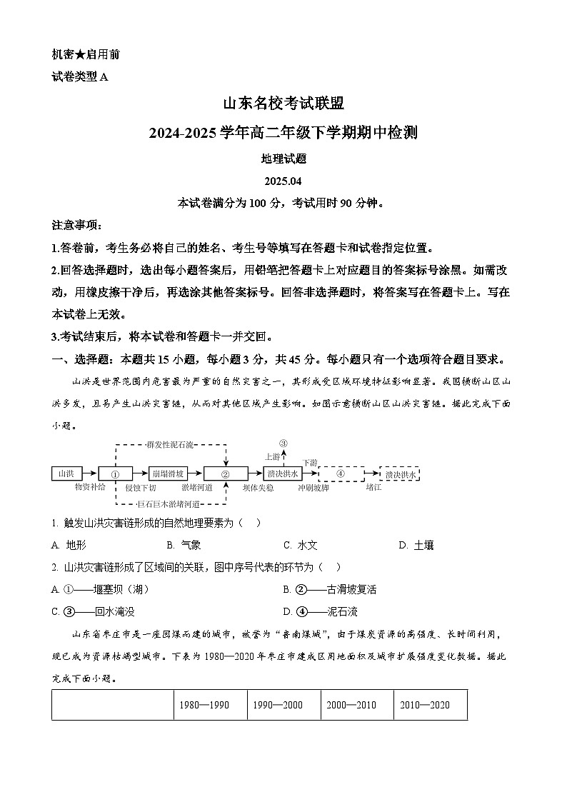 山东省名校考试联盟2024-2025年高二下学期期中地理试题（原卷版+解析版）第1页