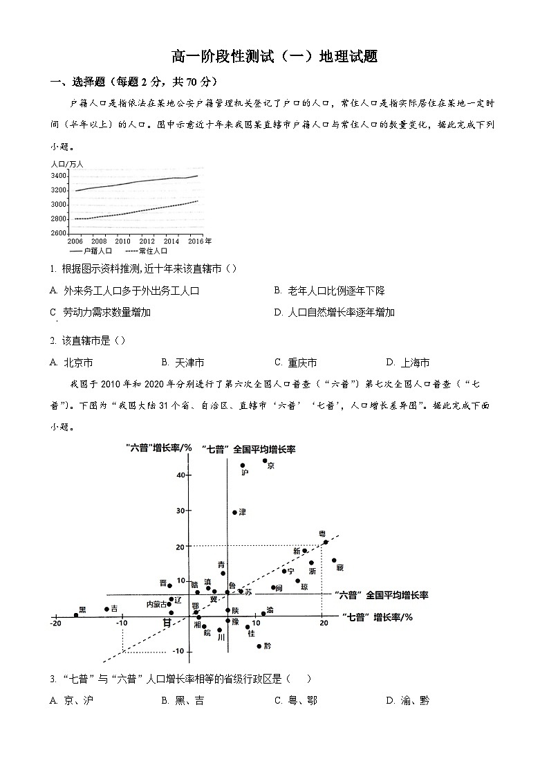 山东省平原县第一中学2024-2025学年高一下学期3月月考地理试题（原卷版+解析版）第1页