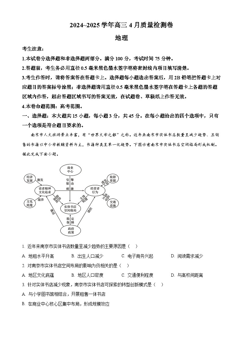 山西省晋城市部分学校2024-2025学年高三下学期4月模拟预测地理试题（原卷版+解析版）第1页
