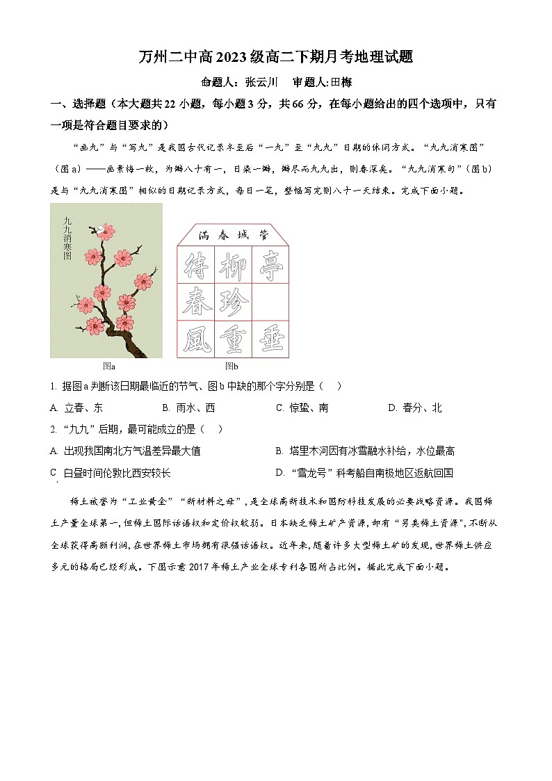 重庆市万州第二高级中学2024-2025学年高二下学期3月月考地理试题（原卷版+解析版）第1页