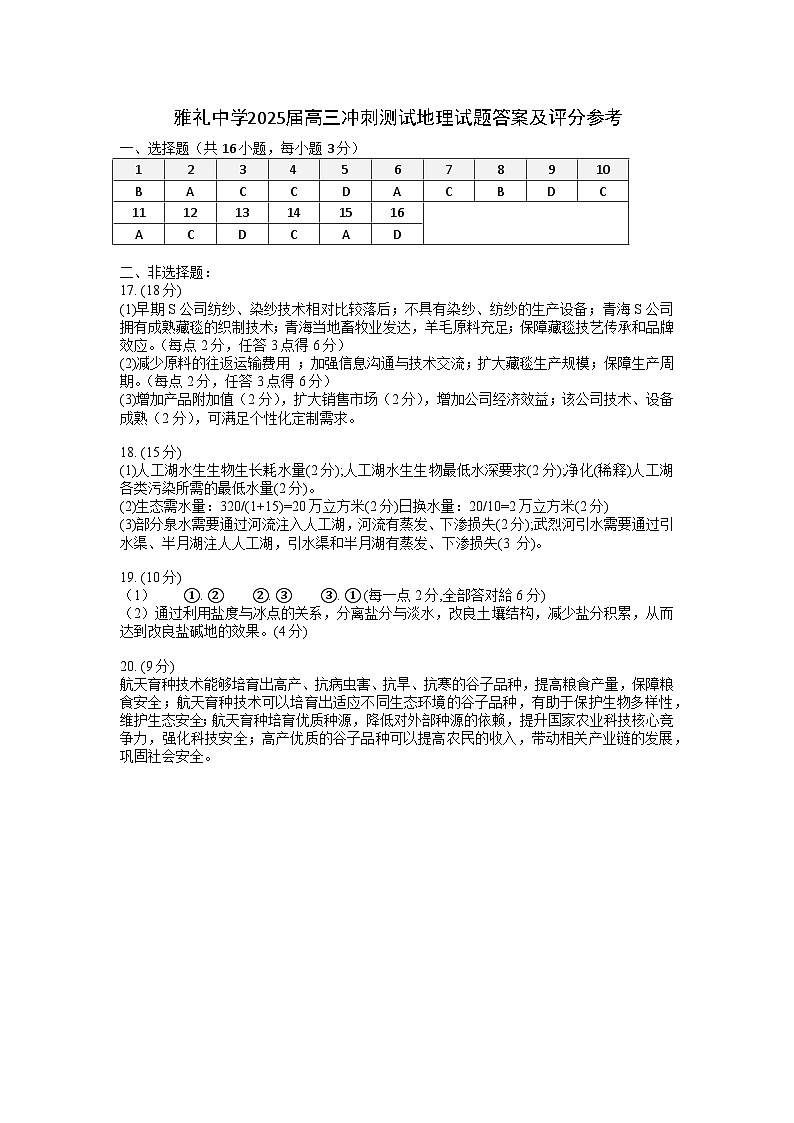 雅礼冲刺卷 地理答案第1页