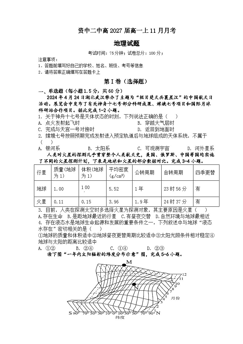 四川省内江市资中县第二中学2024-2025学年高一上学期11月期中地理试题第1页