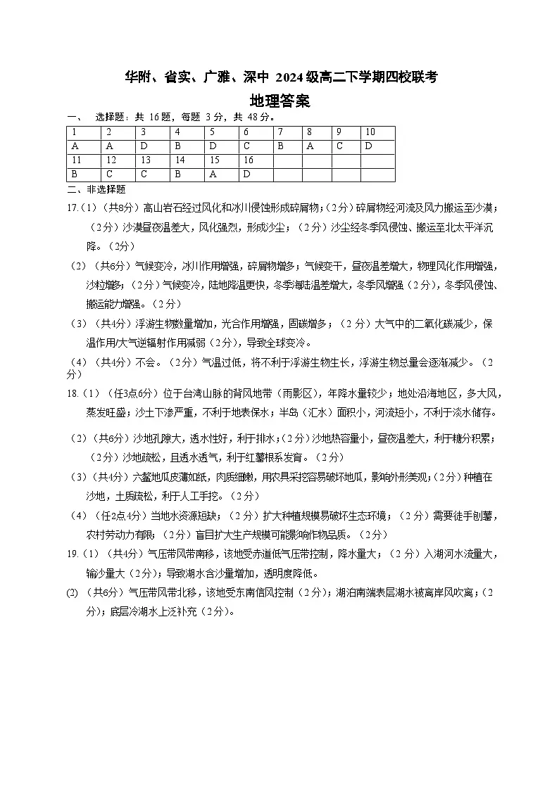 2024届高二四校联考地理答案第1页