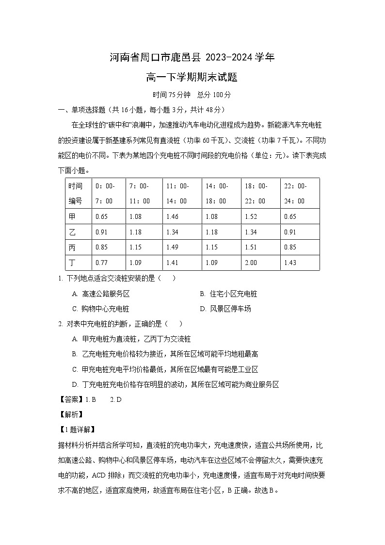 河南省周口市鹿邑县2023-2024学年高一下学期期末地理试题（解析版）第1页