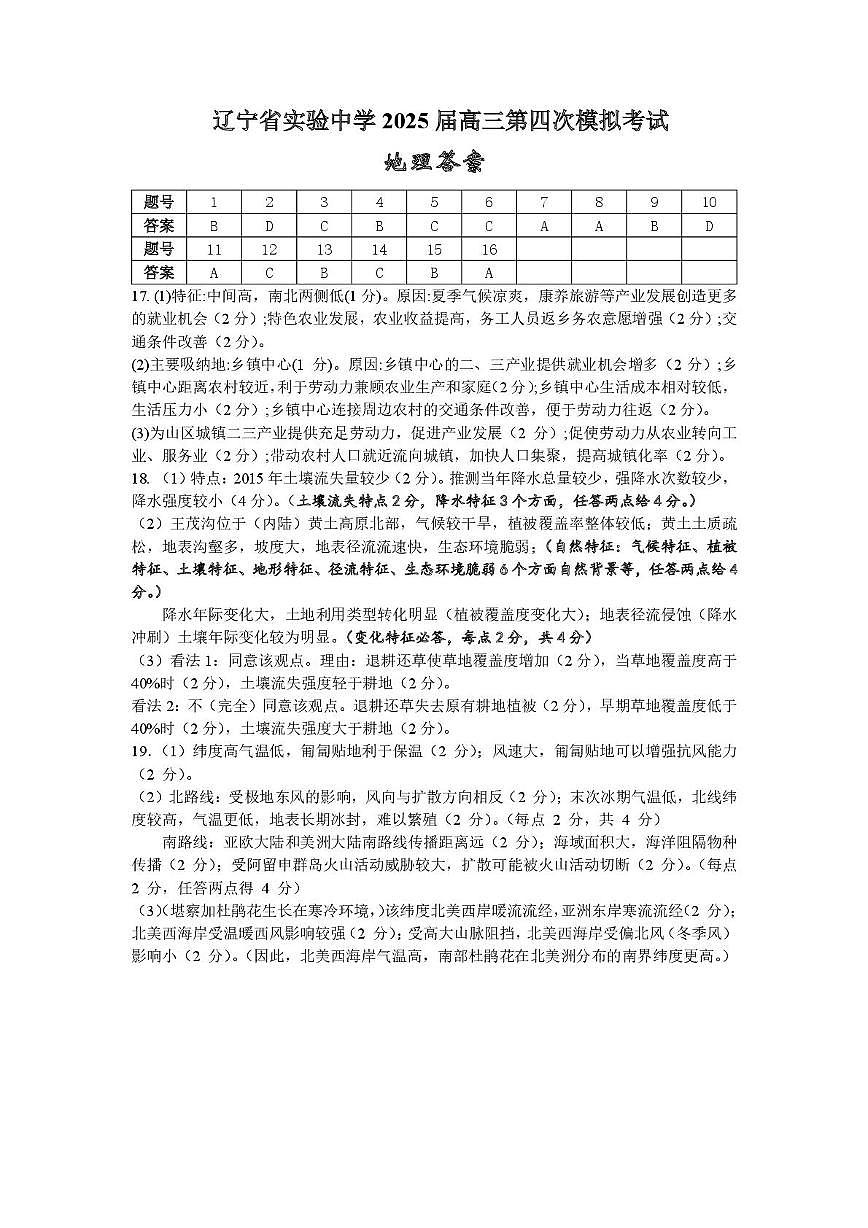 辽宁省实验中学2025届高三第四次模拟 地理答案第1页