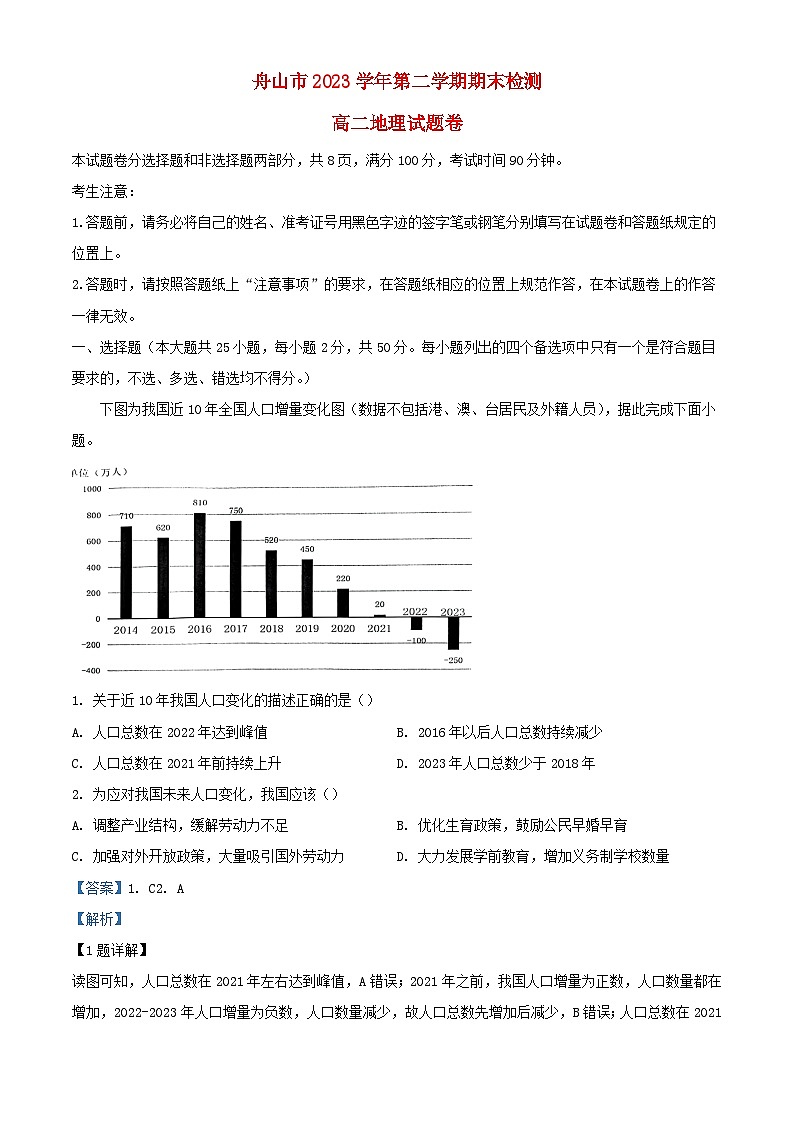 浙江省舟山市2023_2024学年高二地理下学期6月期末试题含解析第1页