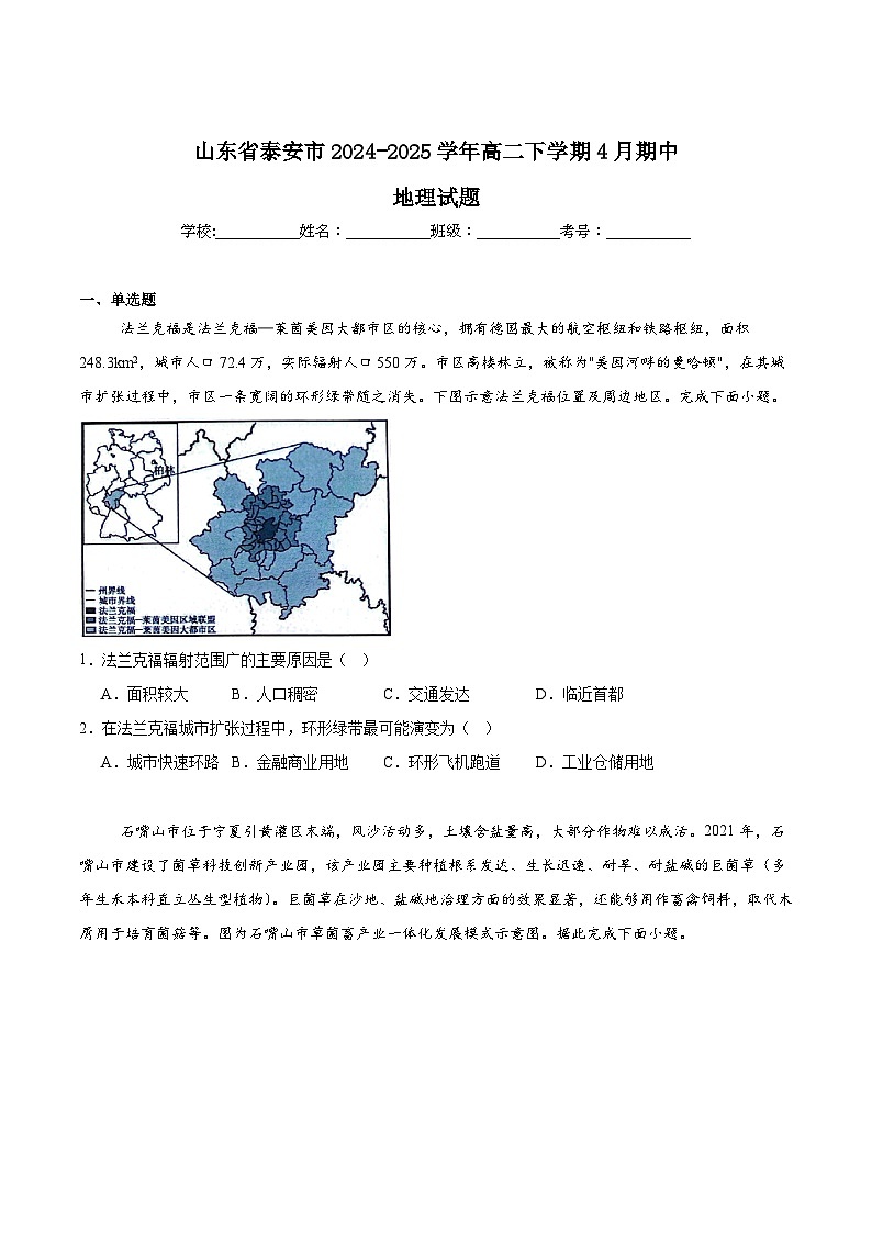 山东省泰安市2024-2025学年高二下学期4月期中考试地理试题（Word版附答案）第1页