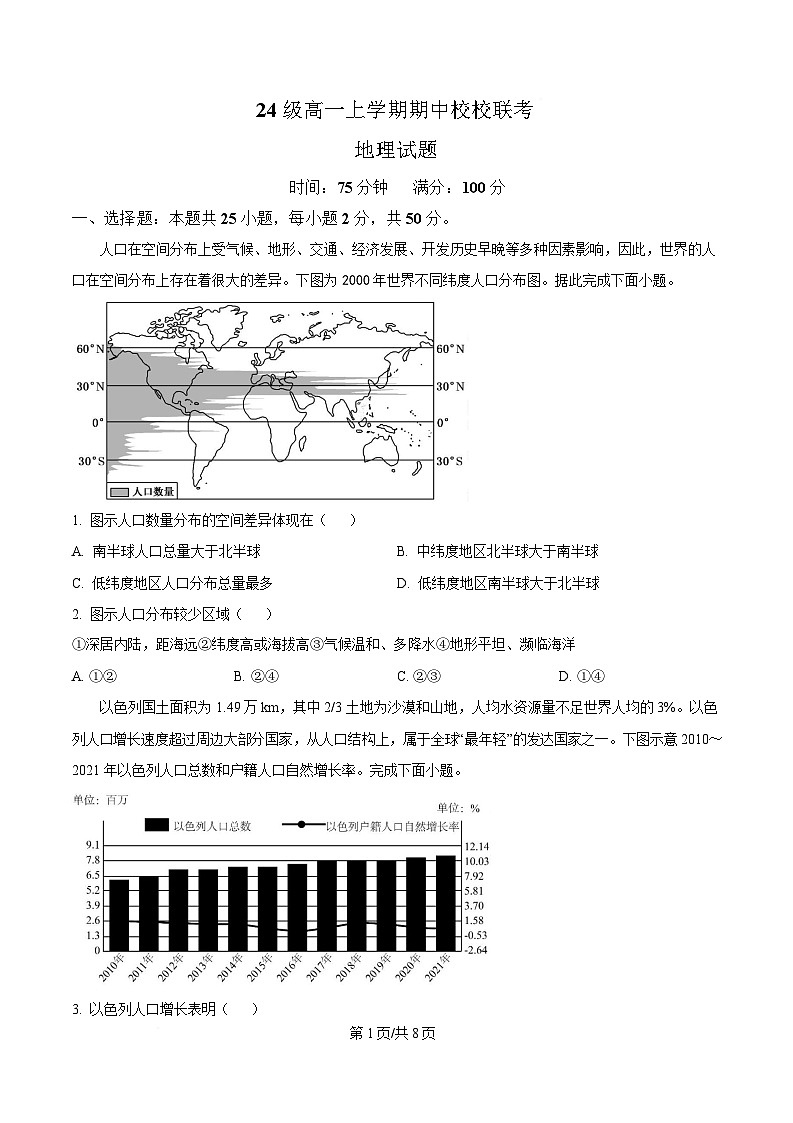 四川省眉山市仁寿县华兴中学等校2024-2025学年高一下学期4月期中地理试题（原卷版）第1页