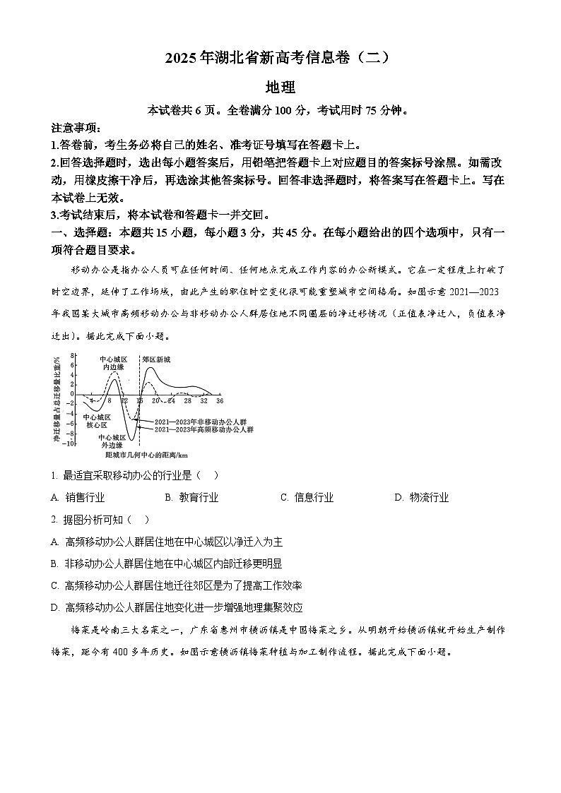 2025届湖北省部分学校高三下学期模拟信息卷二地理试题（原卷版+解析版）（高考模拟）第1页