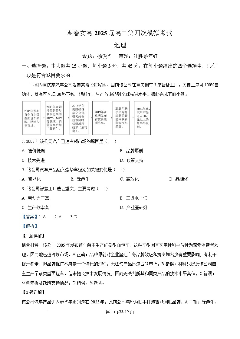 2025届湖北省黄冈市蕲春县实验高级中学高考模拟预测地理试题（解析版）第1页
