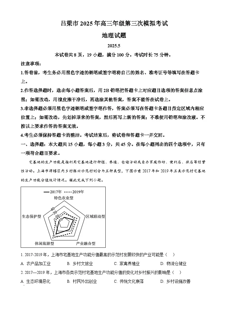 2025届山西省吕梁市高三下学期第三次模拟考试地理试题（解析版）第1页