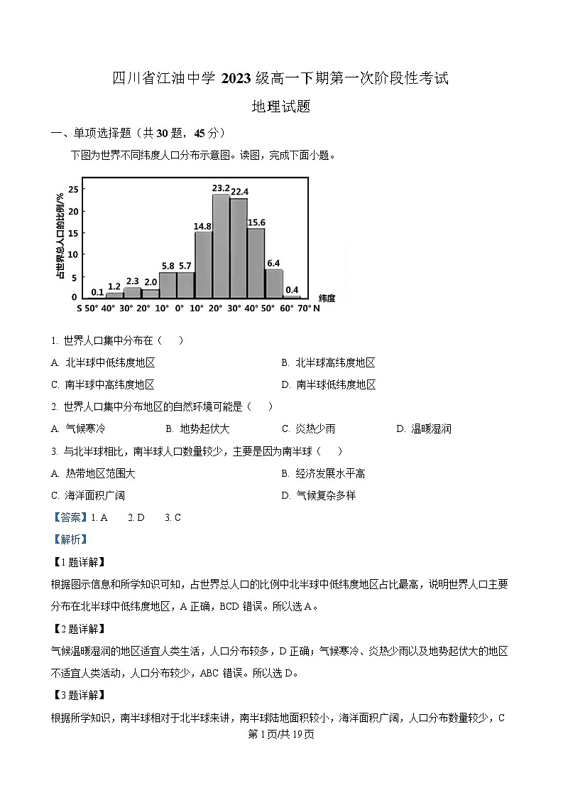 四川省江油中学2023-2024学年高一下学期第一次月考地理试题 Word版含解析第1页