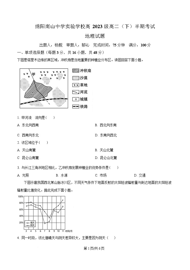 四川省绵阳市涪城区绵阳南山中学实验学校2024-2025学年高二下学期5月期中地理试题（原卷版）第1页