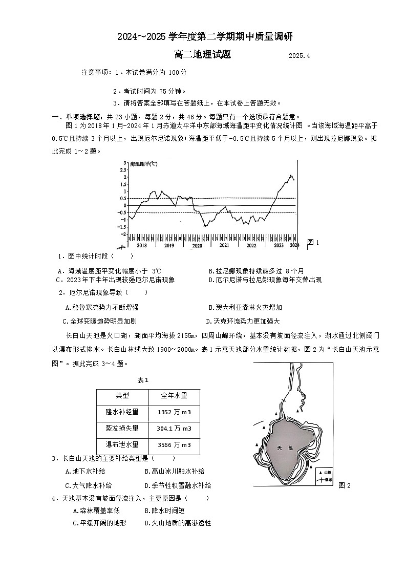 江苏省常州市武进区2024--2025学年高二下学期期中考试地理试卷（含答案）第1页