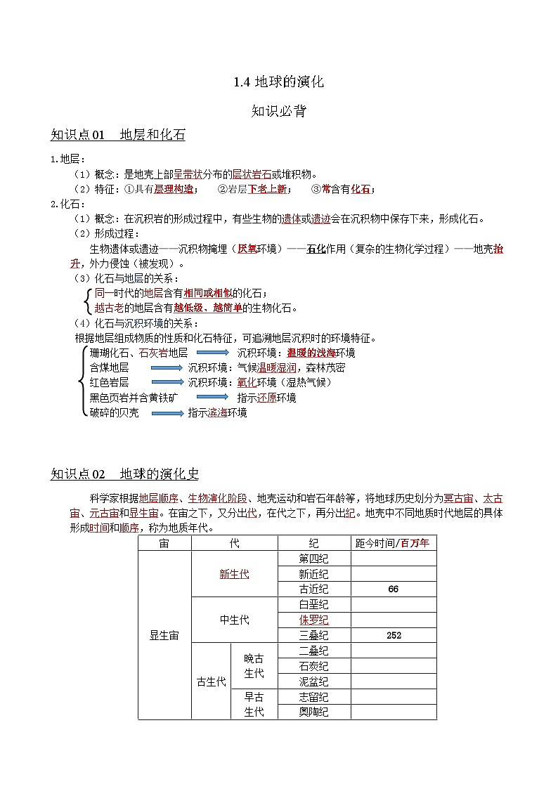 1.4地球的演化（知识清单）-湘教版2019必修第一册高一地理同步第1页