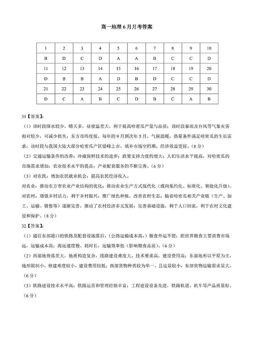 2025年春学期高一年级6月月考地理答案第1页