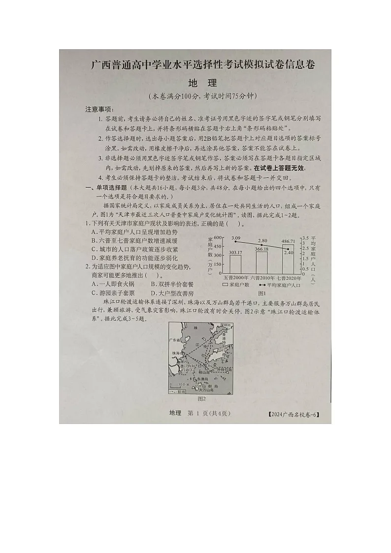 2024届广西高三下学期学业水平选择性考试模拟考试地理试卷第1页