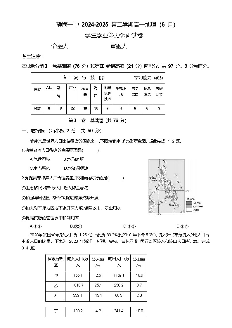 天津市静海区第一中学2024-2025学年高一下学期6月学生学业能力调研地理试卷（Word版附答案）第1页