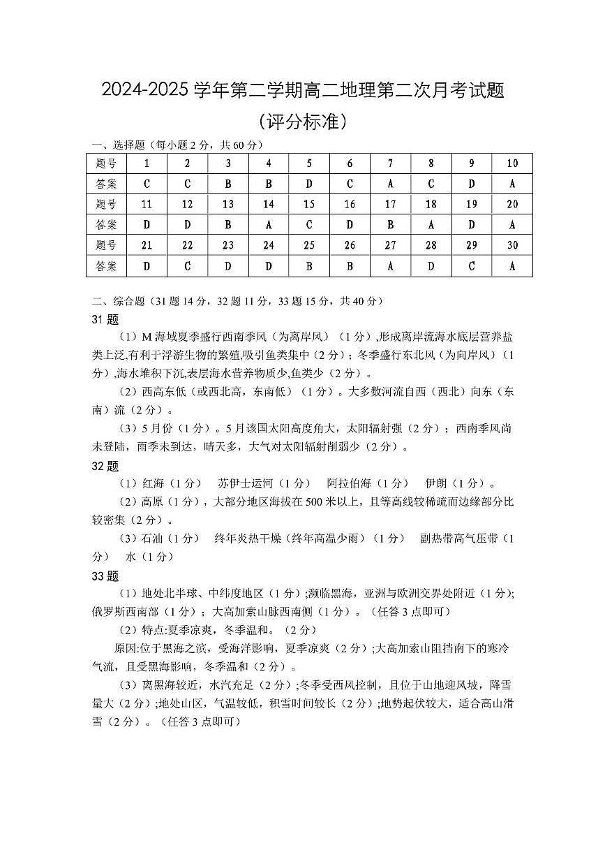 高二月考地理评分标准第1页