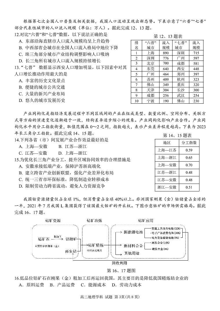浙江省温州十校联合体2025届新高二下学期6月期末联考-地理试题+答案第3页