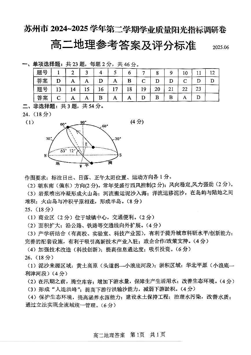 地理答案-江苏省苏州市2024-2025学年高二下学期学业质量阳光指标调研第1页