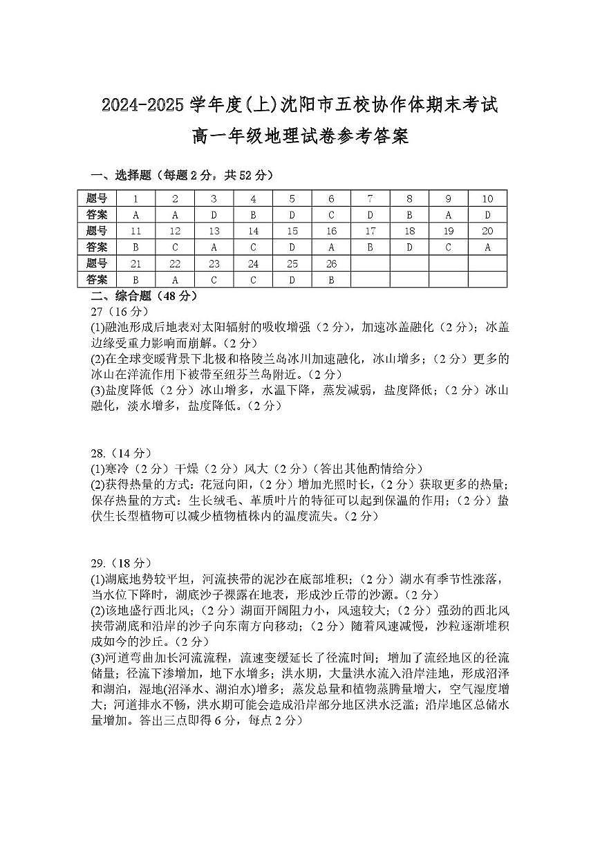 辽宁省沈阳市五校协作体2024-2025学年高一上学期期末考试地理答案（图片版）第1页