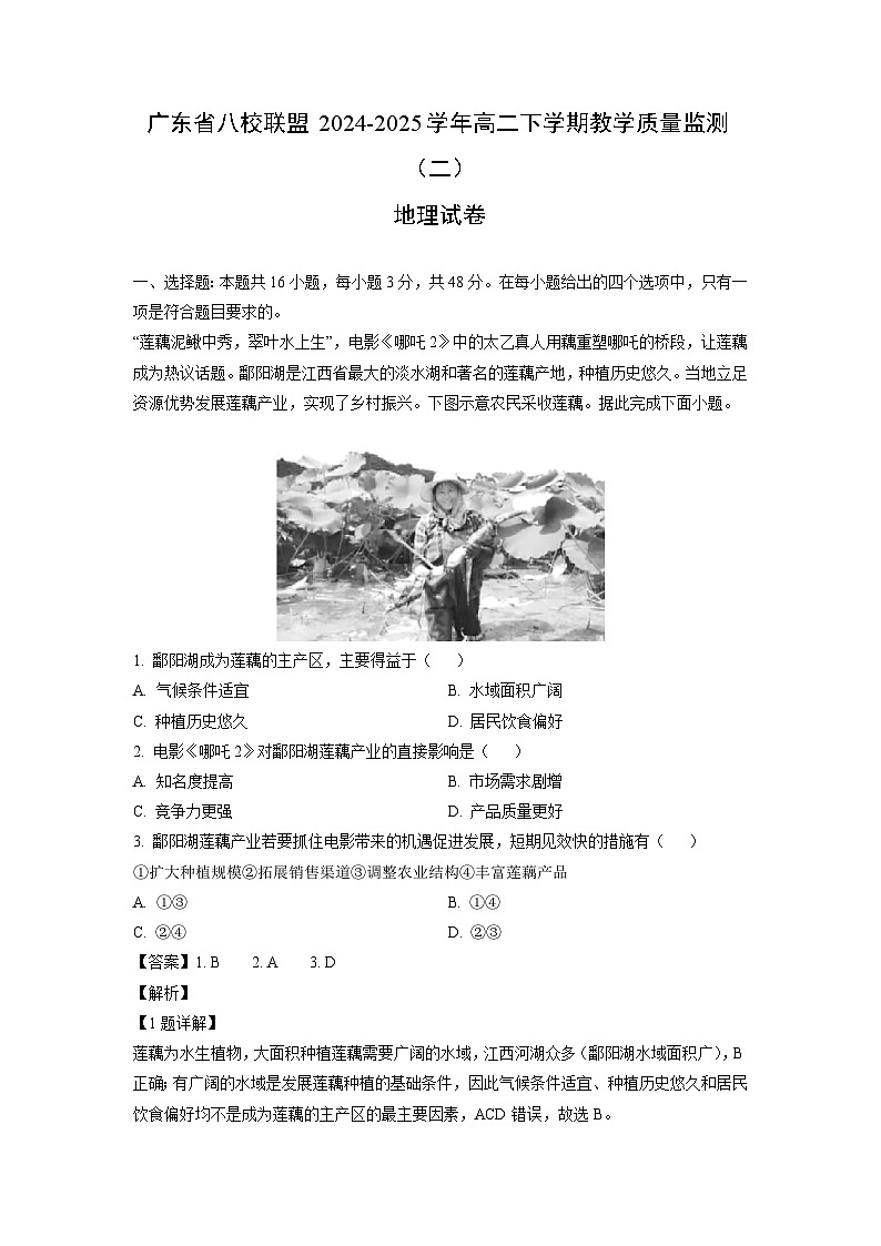 【地理】广东省八校联盟2024-2025学年高二下学期教学质量监测（二）试卷（解析版）第1页