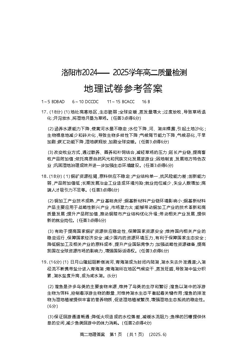 地理试卷答案                 【河南卷】【高二】【新高考I卷】河南省洛阳市2024-2025学年6月高二下学期质量检测（6.12-6.13）(1)第1页