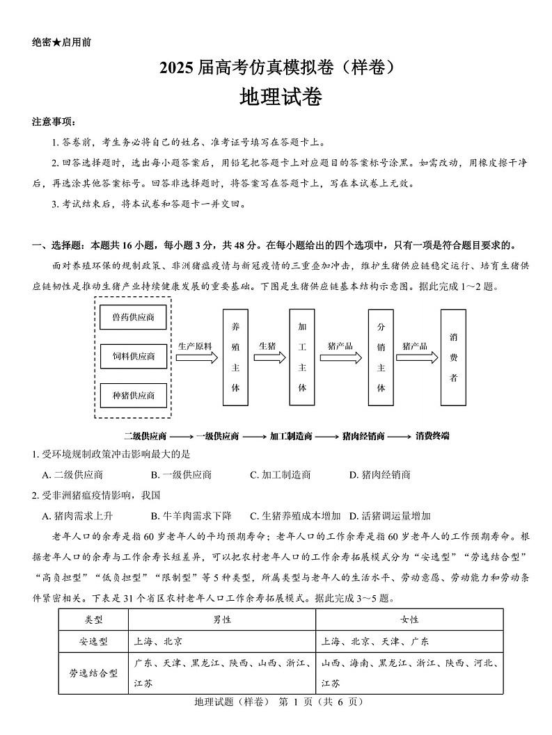 名校教研联盟2025届高考仿真模拟卷-地理试题（含答案）第1页