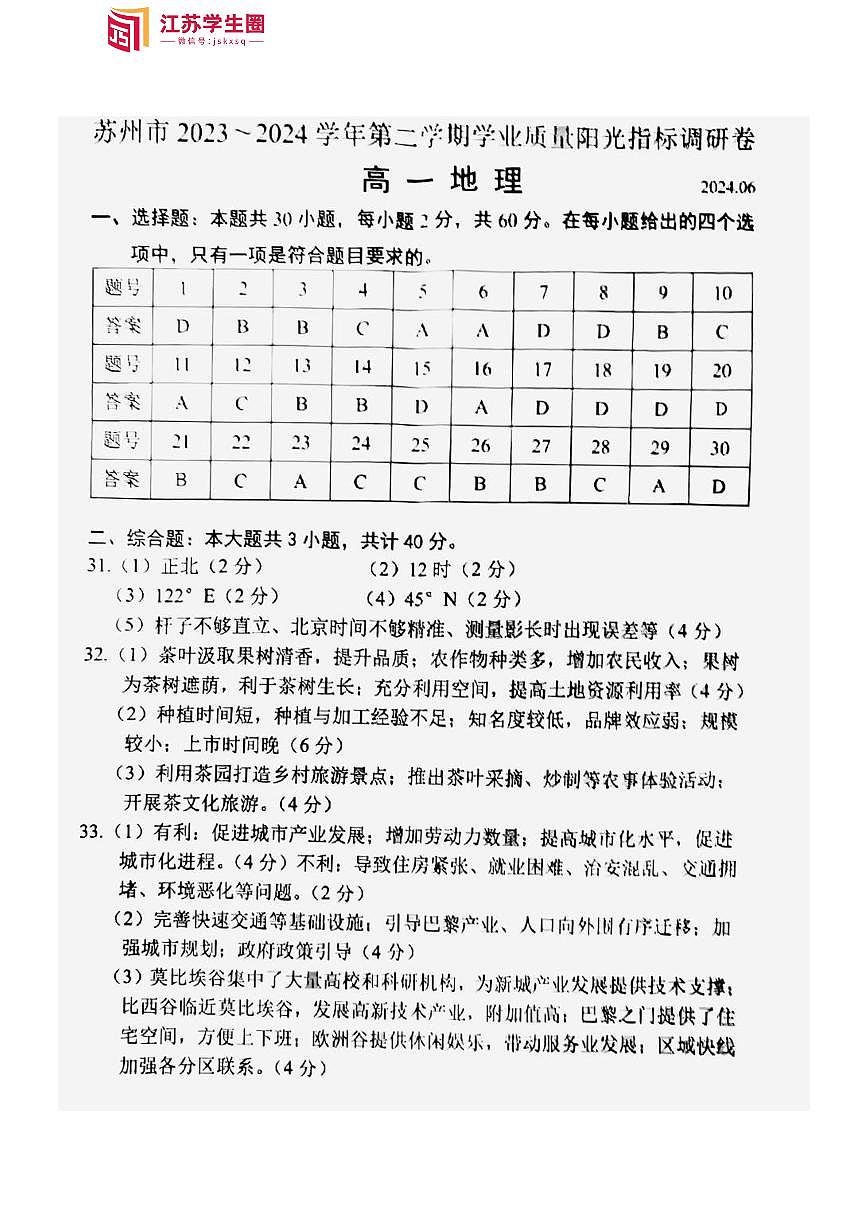 2023-2024学年苏州第二学期学业质量阳光指标调研卷-高一地理卷答案第1页