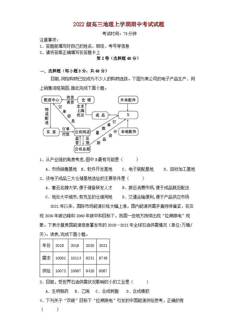 四川省眉山市仁寿县2024_2025学年高三地理上学期11月期中试题第1页