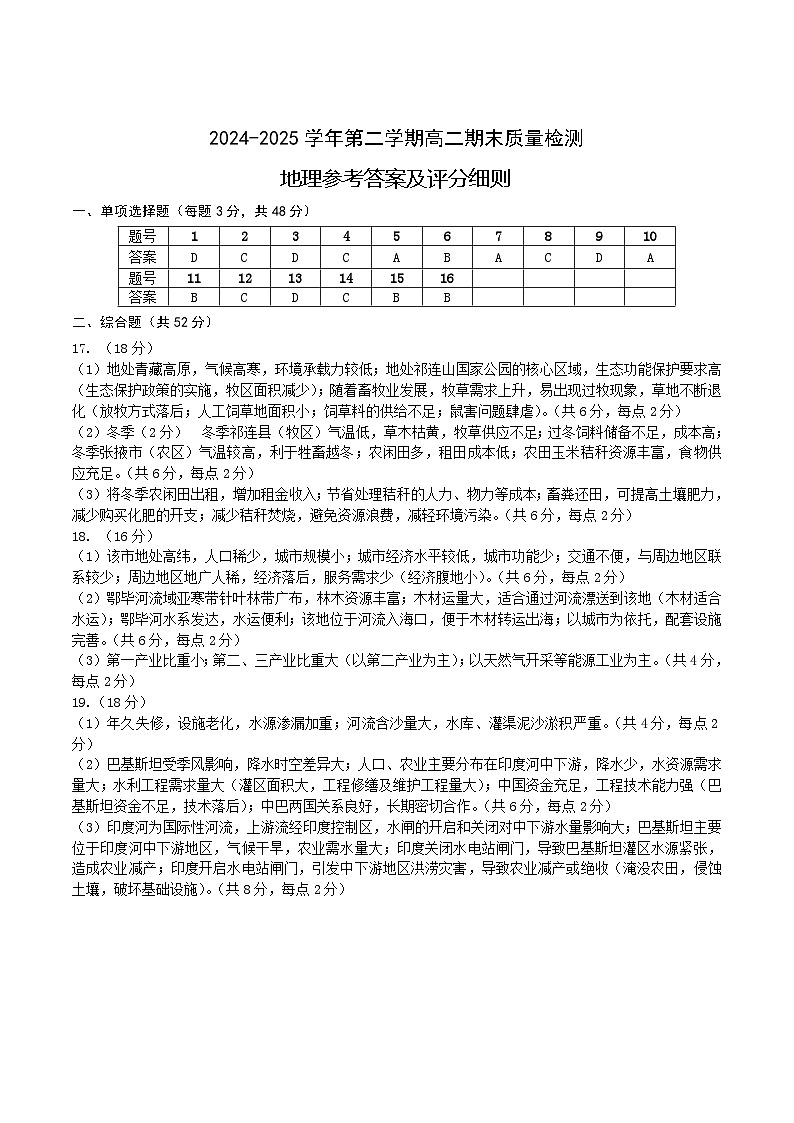 福建省宁德市2024-2025学年高二下学期6月期末质量检测地理答案第1页
