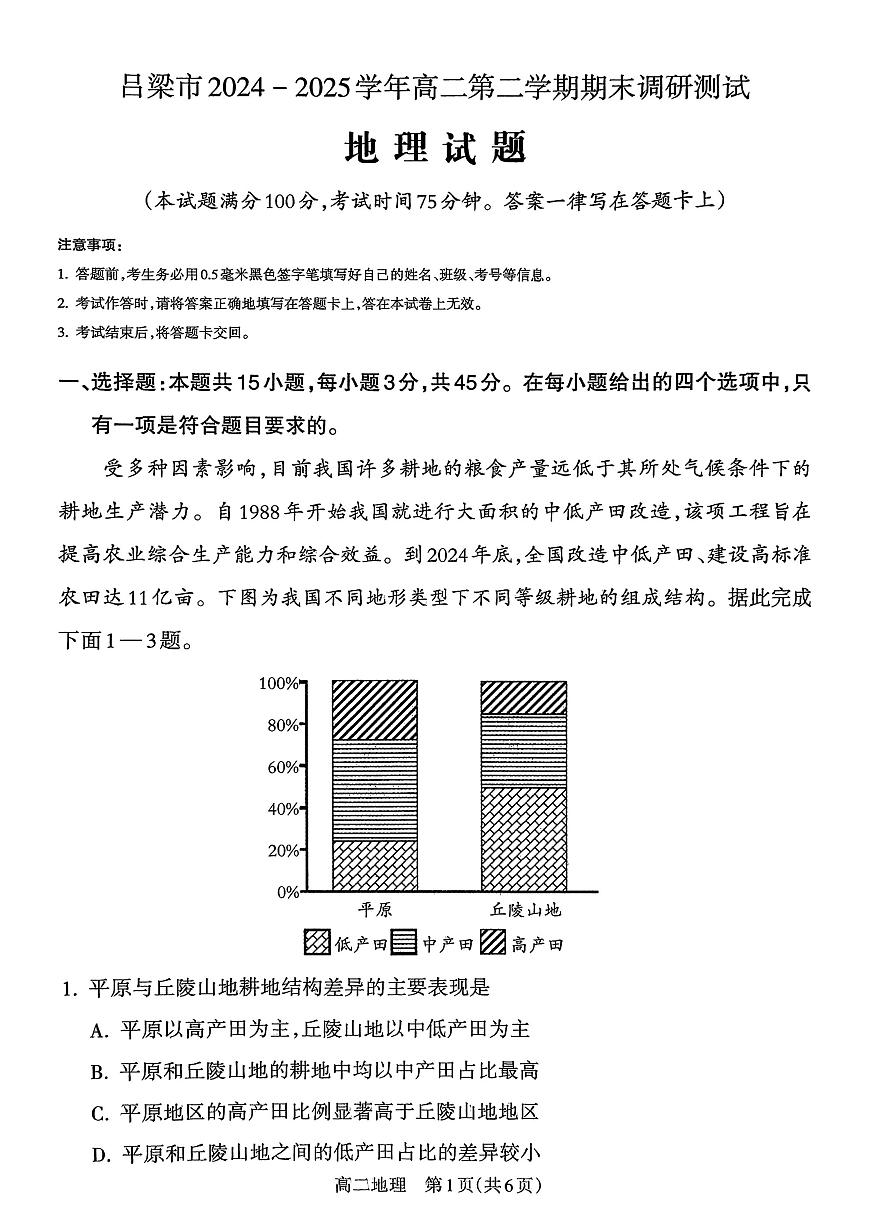 山西省吕梁市2024-2025学年高二下学期期末考试地理试卷（PDF版附解析）第1页