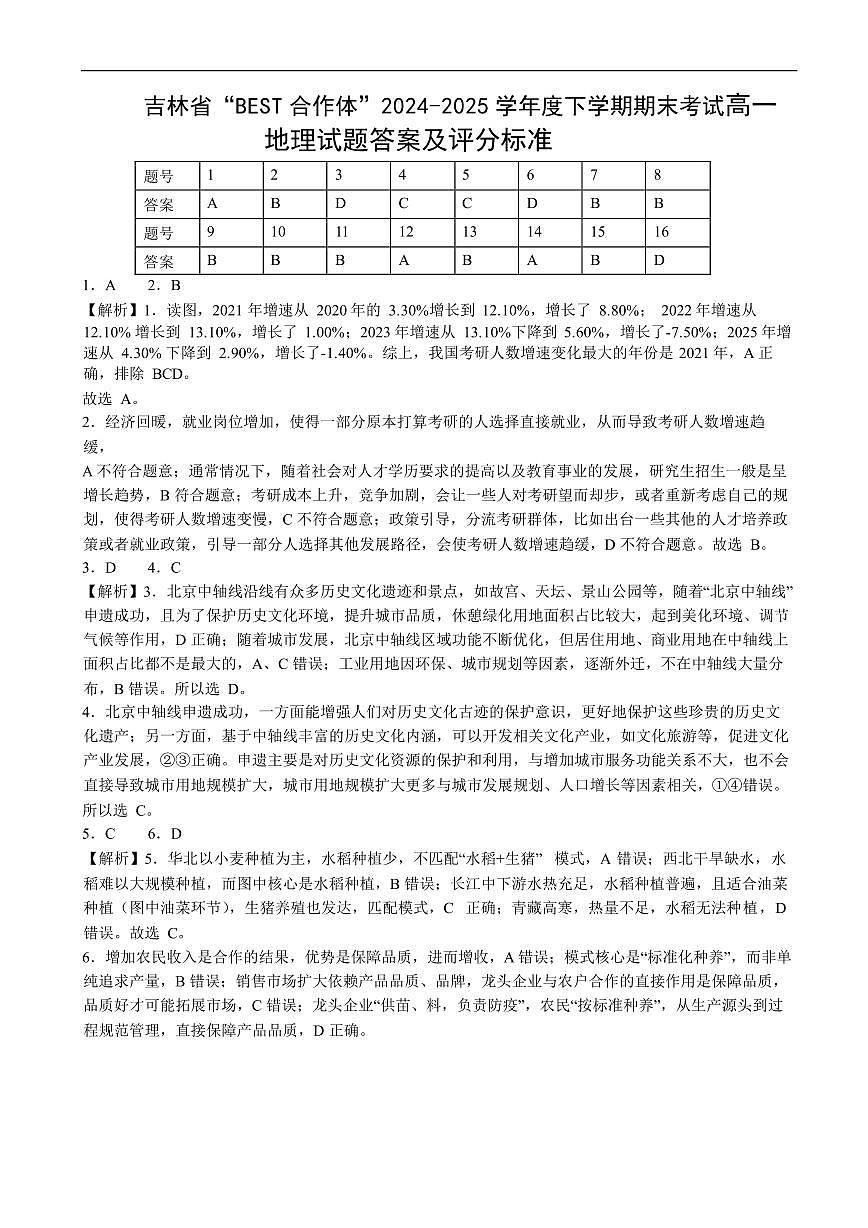 高一地理答案及评分标准第1页