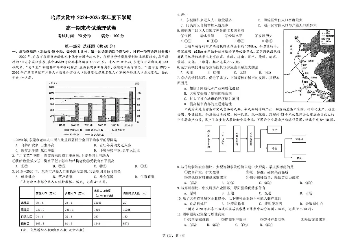 哈师大附中2024~2025学年度下学期高一期末考试地理第1页