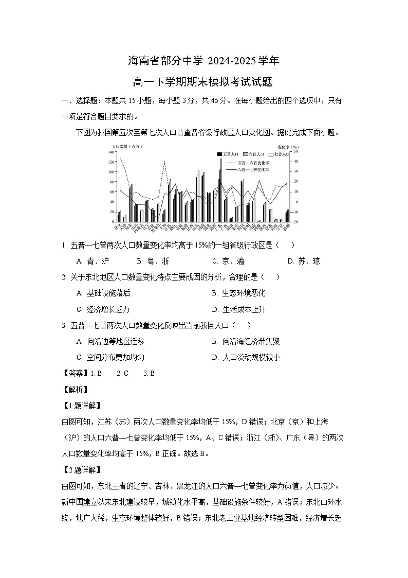 海南省部分中学2024-2025学年高一下学期期末模拟考试地理试卷（解析版）第1页